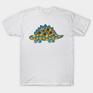 Vintage floral Stegosaurus Dinosaur on pink background T-Shirt